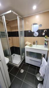 a bathroom with a shower and a sink at Casa do Rio in Treixedo
