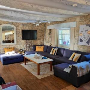 sala de estar con sofá azul y mesa en Villa de 3 chambres avec piscine privee jacuzzi et jardin clos a Lussana, en Lussan