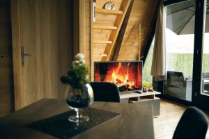a living room with a fireplace in a tiny house at Unique Lake House Paradiso in Zvornik