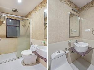 ein Bad mit einem WC, einem Waschbecken und einer Dusche in der Unterkunft Hotel Royal Palm - A Budget Hotel in Udaipur in Udaipur