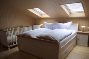 um quarto com uma cama grande e clarabóias em Spreewälder Schwalbenhof - Ferienwohnung "Nistkasten" em Golßen