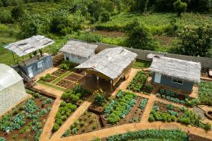 an aerial view of a garden with houses and trees at Cozy Farm Stay in Matale