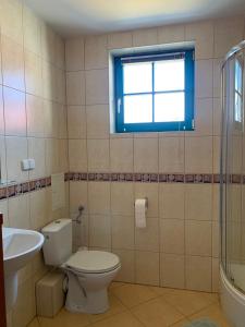 シュチェチンにあるApartamenty Staromłyńskaのバスルーム(トイレ、洗面台付)、窓が備わります。