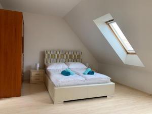 a bedroom with a bed with blue pillows on it at Apartamenty Staromłyńska in Szczecin