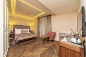 a hotel room with a bed and a desk at Hotel Morione & Spa Center in Istanbul