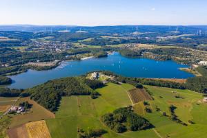 an aerial view of a lake and a park at JUNIPRO Apartments & Rooms in Nohfelden