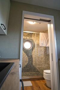 a bathroom with a toilet and a mosaic wall at Wohnwagon Paul - Autarkie erleben! - Tiny House in Oberschneiding