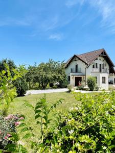 une grande maison blanche avec une cour ornée de plantes dans l'établissement Hermesvilla, à Băile Felix