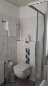 a bathroom with a toilet and a glass shower stall at Bungalow 6091 in Tossens in Butjadingen OT Tossens
