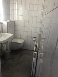 a bathroom with a toilet and a sink at Bungalow 6091 in Tossens in Butjadingen OT Tossens
