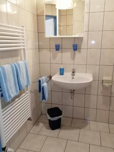 een witte badkamer met een wastafel en een spiegel bij Pension Gestüt Morgenstern in Hameln