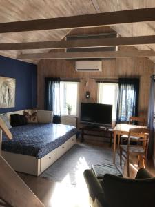 sypialnia z łóżkiem i telewizorem w pokoju w obiekcie Trevlig stuga på landet, centralt 8km från Centrum w mieście Eskilstuna