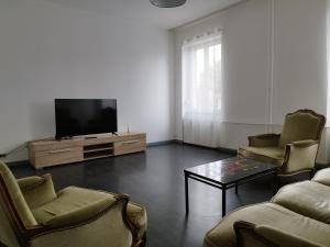 Il comprend un salon doté d'une télévision à écran plat et de chaises. dans l'établissement Le Thannois - appartement 2 chambres, salon, cuisine équipée, parking et wifi gratuit, à Mulhouse