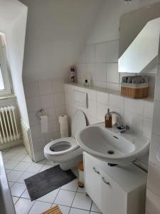 La salle de bains blanche est pourvue de toilettes et d'un lavabo. dans l'établissement Zentrale gemütliche Wohnung, à Cassel