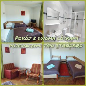 two pictures of a hotel room with a bed and a bathroom at Koralowa Ścieżka in Jelenia Góra-Jagniątków