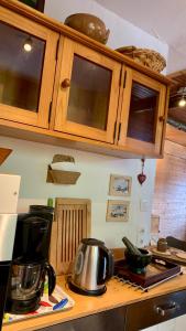 LʼHuez的住宿－Chalet Martine，厨房柜台配有炉灶上的咖啡壶