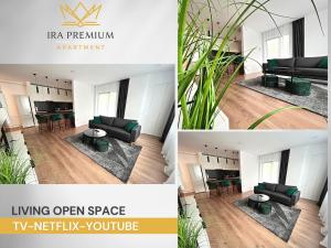 un collage di tre immagini di un soggiorno di Ira Premium Apartment Cluj a Cluj-Napoca