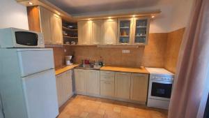 a kitchen with a white refrigerator and a microwave at Holiday home in Szantod - Balaton 43129 in Szántód