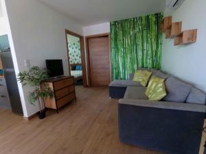 ein Wohnzimmer mit einem Sofa und einem TV in der Unterkunft Apartments in Balatonlelle 43116 in Balatonlelle