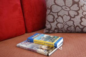 two books sitting on the floor next to a pillow at Apartments Blažič in Kranjska Gora +135 photos