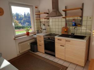 a small kitchen with a stove and a window at FeWo mit Terrasse für 4-5 Personen mit Schwimmbad + Sauna in Bad Grund
