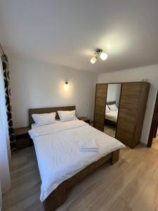 1 dormitorio con 1 cama grande y espejo en Gold Apartments, en Baia Mare