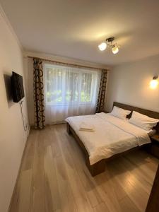 ein Schlafzimmer mit einem großen Bett und einem Fenster in der Unterkunft Gold Apartments in Baia Mare