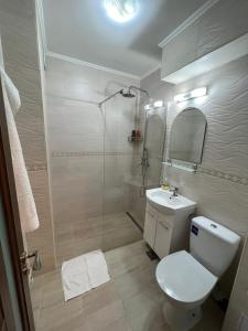 y baño con ducha, aseo y lavamanos. en Gold Apartments, en Baia Mare
