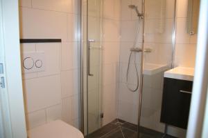 ein Bad mit einer Dusche, einem WC und einem Waschbecken in der Unterkunft Schorrebloem 10 in Nieuwvliet