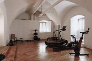 a gym with exercise bikes and exercise equipment in a room at Parkhotel Mondschein, a Member of Design Hotels in Bolzano