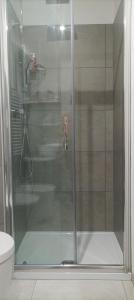 y baño con ducha y puerta de cristal. en Faber B&B - Riserva Naturale Zompo lo Schioppo en Morino