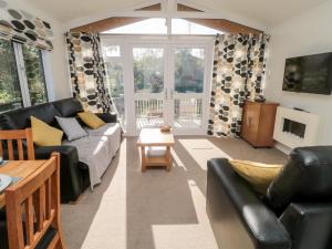 a living room with a couch and a tv at Pinecone Lodge - No 9 in Morpeth