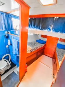 Habitación pequeña con litera de color naranja y aseo. en Salvador BAHIA Boat and Breakfast, en Lido di Ostia