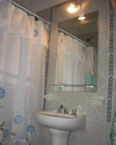 een badkamer met een wastafel en een douche met een spiegel bij El Encuentro in Tanti