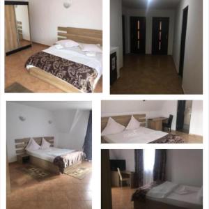 eine Collage mit vier Bildern eines Bettes und eines Zimmers in der Unterkunft Elitegasthaus Moieciu A in Moieciu de Jos
