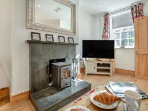 a living room with a fireplace and a tv at Bro Dawel in Dolgellau