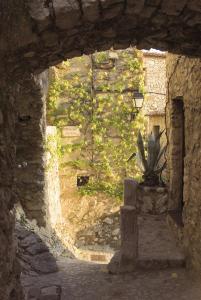 un mur en pierre avec une statue dans un tunnel en pierre dans l'établissement Auberge De La Madone, à Peillon