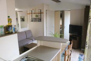 a small living room with a couch and a television at Mobil-Home 3 chambres à "Les Mathes" in Les Mathes