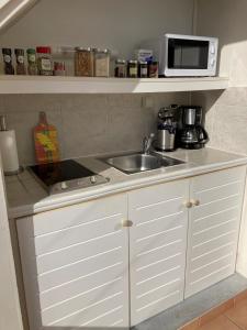 a kitchen with a sink and a microwave at SUPERBE STUDIO MARTINIQUE VUE ROCHER DU DIAMANT in Sainte-Luce