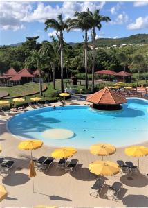 uma grande piscina com cadeiras e guarda-sóis em SUPERBE STUDIO MARTINIQUE VUE ROCHER DU DIAMANT em Sainte-Luce