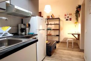 una pequeña cocina con fregadero y nevera. en Apartamento El Rastro - La Latina, en Madrid