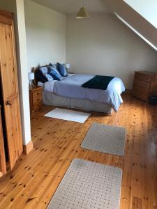a bedroom with a bed with blue pillows and wooden floors at Atlantic View in Castlegregory