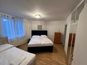 um quarto com 2 camas e uma janela em Iren Apartment Bratislava em Bratislava