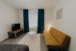 un soggiorno con divano e TV di Apartamentul Galben a Vatra Dornei