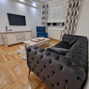 een woonkamer met een bank en een tv bij M48 apartments in Belgrado