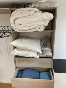 a closet filled with pillows and a bed at Charmant logement avec cheminée,cour,wifi,Netflix in Blanzy