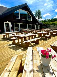 un groupe de tables de pique-nique en bois sur une terrasse dans l'établissement Bualie Golsfjellet, à Gol