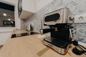 eine Kaffeemaschine auf einer Theke in einer Küche in der Unterkunft Apartamentul Albastru in Vatra Dornei