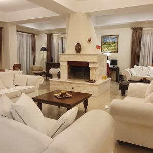 a living room with white furniture and a fireplace at Liknon in Kalabaka