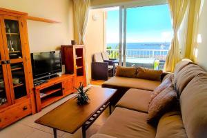 - un salon avec un canapé et une télévision dans l'établissement Beach and pool view , 4 people, and free wifi, à Poris de Abona